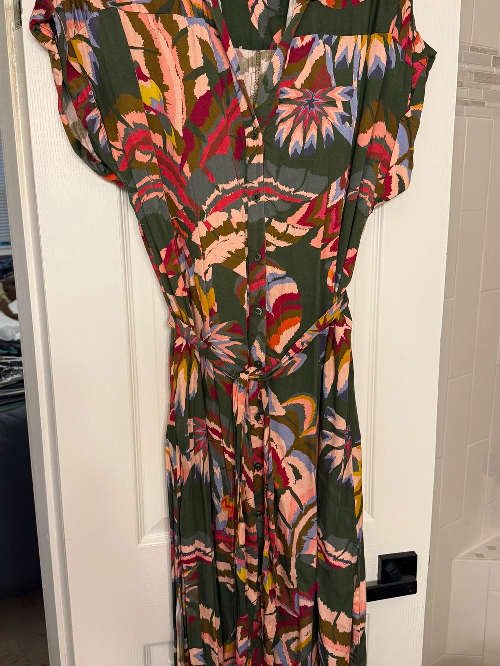 En Creme Olive Green Floral Midi Dress with Pink & Rust Accents